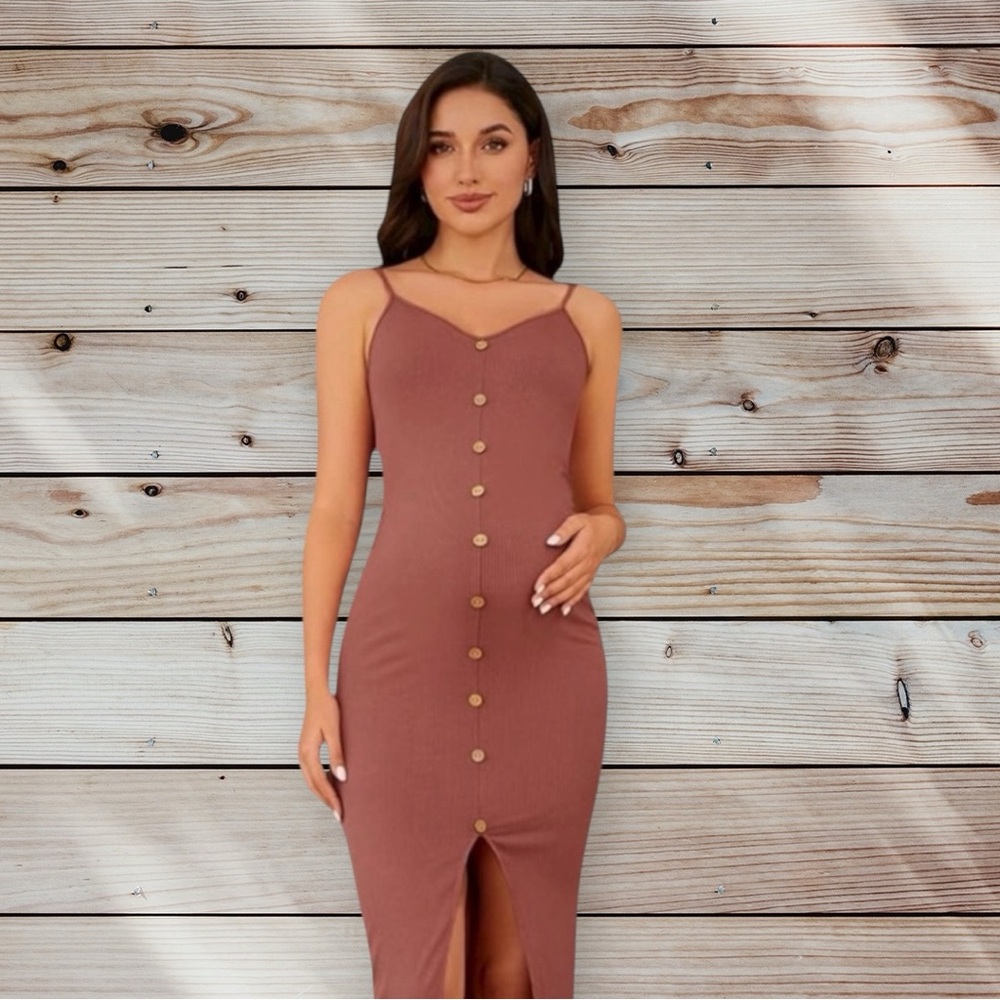 Oyoangle Women’s XL Maternity Dress Mauve Button-Down Midi EUC
